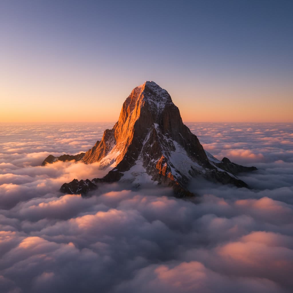Sommet de montagne au-dessus des nuages au lever du soleil